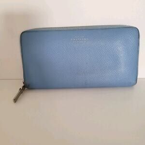 Smythson Of Bond Street Panama Blue Leather Zip Around Clutch Wallet Organizer
